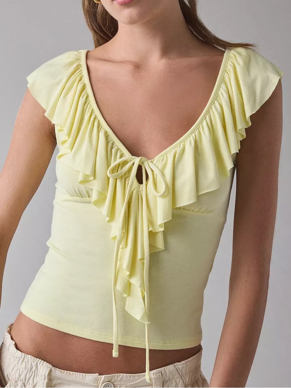 Urban Outfitters Pale Yellow Ruffle Tie-Front Top